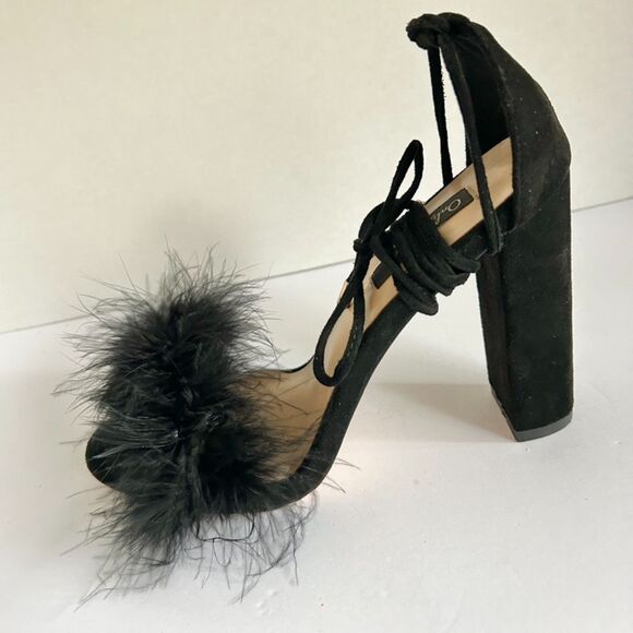 Only Makers, Black, Ankle Wrap, Feather Block Heel Sandals, 9 - Picture 2 of 6